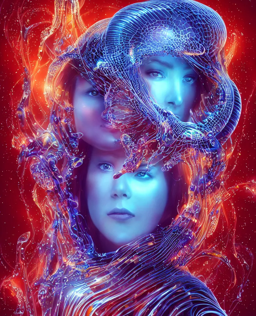 Image similar to close-up macro portrait of the face of a beautiful princess, epic angle and pose, symmetrical artwork, 3d with depth of field, blurred background, cybernetic jellyfish female face skull phoenix bird, translucent, nautilus, energy flows of water and fire. a highly detailed epic cinematic concept art CG render. made in Maya, Blender and Photoshop, octane render, excellent composition, cinematic dystopian brutalist atmosphere, dynamic dramatic cinematic lighting, aesthetic, very inspirational, arthouse. y Greg Rutkowski, Ilya Kuvshinov, WLOP, Stanley Artgerm Lau, Ruan Jia and Fenghua Zhong