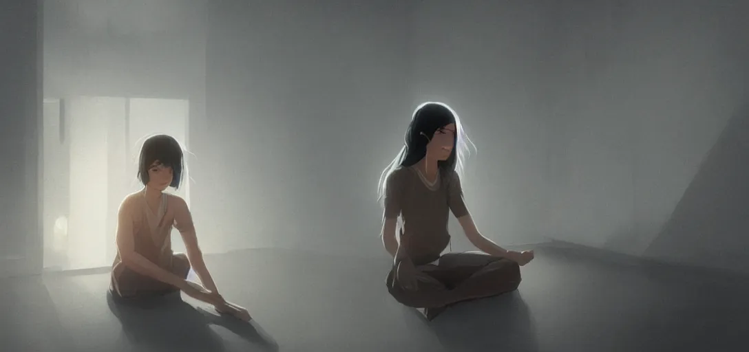 Prompt: Young Himalayan woman sitting concerned in an empty room with a sense of dread and loneliness | night time scene, plain walls |somber white eyes, long ashy hair | gentle lighting, futuristic, dim lighting, digital art by Makoto Shinkai ilya kuvshinov and Wojtek Fus, digital art, concept art,