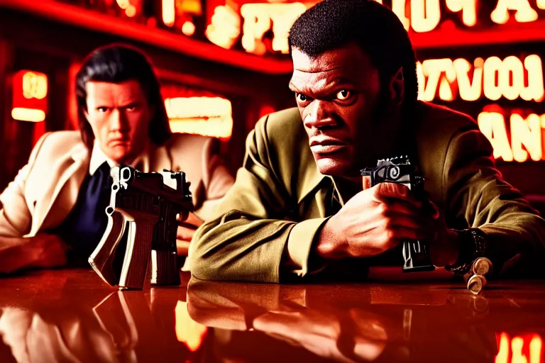 Image similar to portrait of a man in a bar, Tarantino Pulp Fiction style, guns, girls, realistic, sharp focus, 8k high definition, medium format film photography, insanely detailed