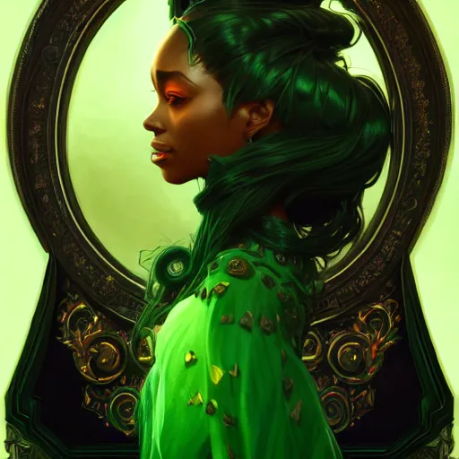 Image similar to black aristocrat, green black orange color palette, female, d & d, fantasy, intricate, elegant, highly detailed, long green hair, digital painting, artstation, octane render, concept art, matte, sharp focus, illustration, hearthstone, art by artgerm, alphonse mucha johannes voss