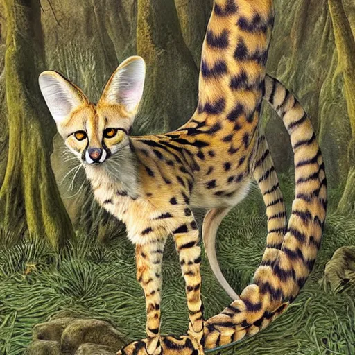 Image similar to photorealistic fantasy digital art of a serval whose torso is extremely long and thin and twisted into a coil, resembling a snake. it is in an oak forest. its tongue is a long forked snake - tongue. realistic high - resolution whimsical image.