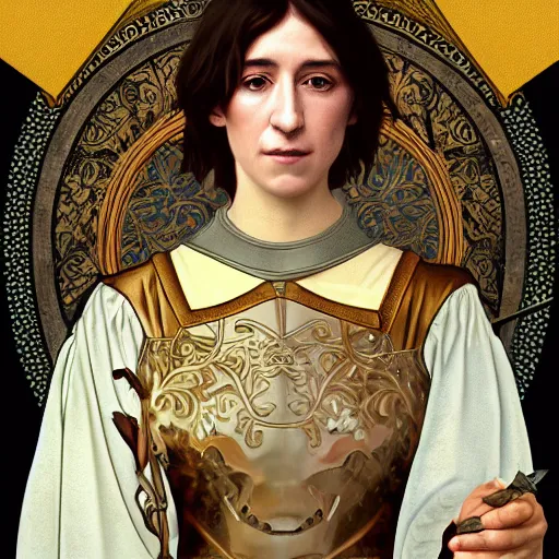 Image similar to portrait of charlotte gainsbourg as joan of arc, hyperreal digital painting, iconography influenced by alphonse mucha and eugene delacroix, arstation and deviantart trends, high resolution 8 k