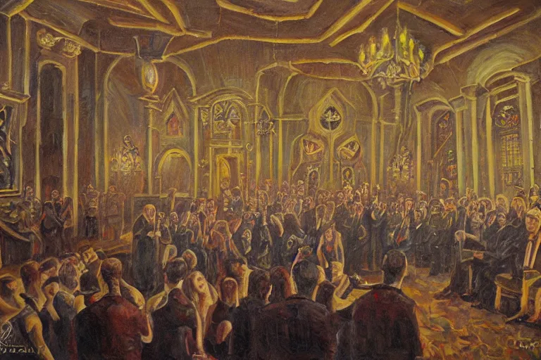 Image similar to a dark sinister ritual at a freemason temple, oil painting, highly detailed