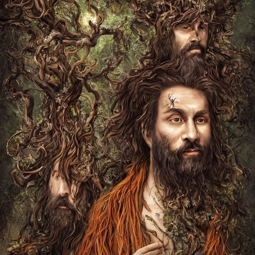 Prompt: Portrait of the Primeval Forest God, a bearded Western male druid deity that presides over nature and brings wisdom onto the world. His body is partially covered in tree bark. Headshot, insanely nice professional hair style, dramatic tribal dark hair color, bright colourful halo around the head, digital painting, of a old 17th century, amber jewels, baroque, ornate clothing, tribalistic sci-fi, realistic, hyper-detailed, chiaroscuro, concept art, art by Franz Hals and Jon Foster and Ayami Kojima and Amano and Karol Bak,