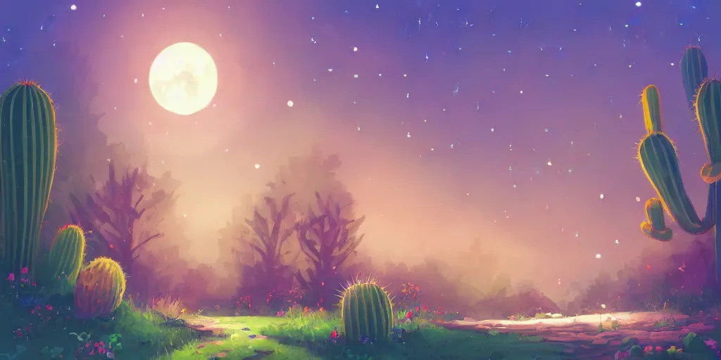 Image similar to colorful sylvain sarrailh illustration of a dark night view of a stone wall with a drain to a river, a tree and a cactus, brightly illuminated by rays of moon, wildflowers, artstation