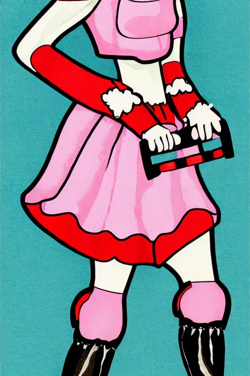 Prompt: a 2002 fashion illustration of a Dutch milkmaid costume with a cowbell choker and exposed midriff. silicone prosthetic cow udder fx makeup on midriff. drag queen, campy. Cow Costume with Udders, comical. Cloven Hoof High-Heeled Boots.