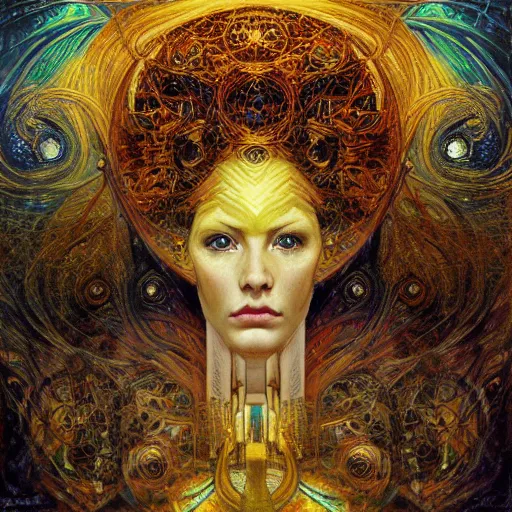 Prompt: Divine Chaos Engine portrait by Karol Bak, Jean Deville, Gustav Klimt, and Vincent Van Gogh, celestial, sacred geometry, visionary, mystic, fractal structures, ornate gilded medieval icon, spirals