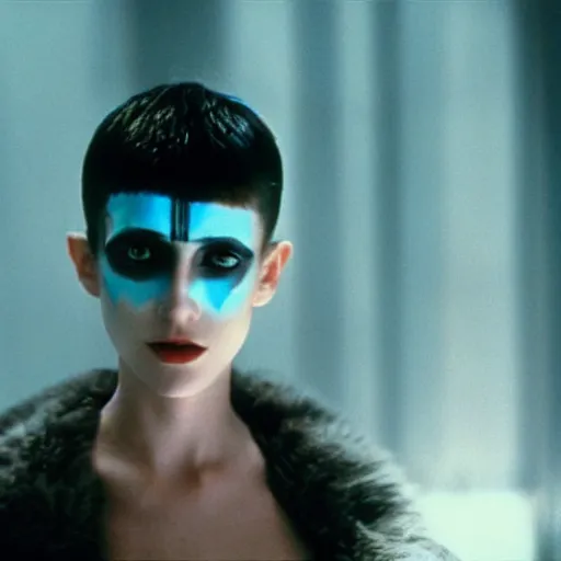 Image similar to cinematic portrait of a runaway replicant with tribal facepaint in an empty room, still from the movie bladerunner