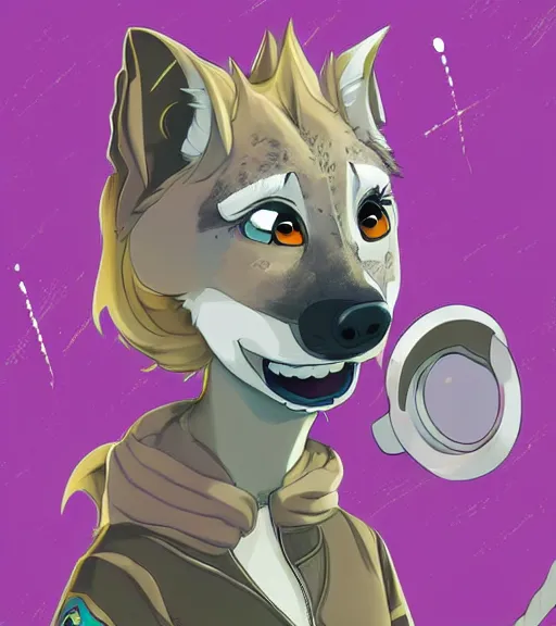 Image similar to full body digital artwork of furry female hyena, in style of zootopia, fursona, furry, furaffinity, deviantart, wearing astronaut outfit, floating in space, detailed face, style of artgerm,