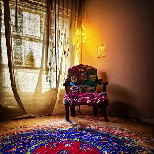 Prompt: “close up. a very dim parlor pierced by a single morning ray of sun with dust floating gently through the light and a small colorful tattered Persian throw rug scattered with children blocks, an old small tricycle in the corner of the room. Very low energy. Bokeh. 4K. Artstation. Ultra-sharp. Award winning composition”