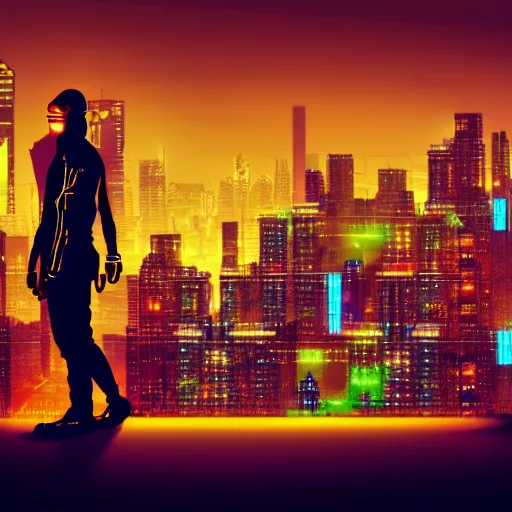 Image similar to cyberpunk city, neon, bright colors, midnight, person on rooftop, shadowy.