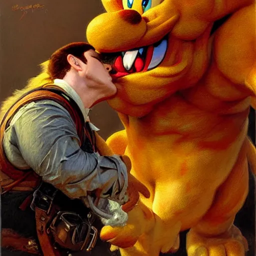 Prompt: a portrait of a super mario kissing bowser. highly detailed painting by gaston bussiere, craig mullins, j. c. leyendecker, furry