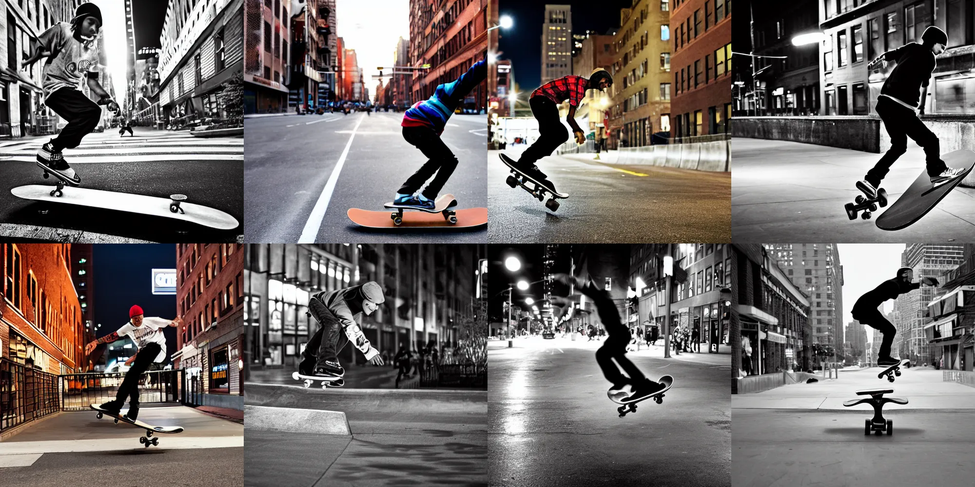 Prompt: Skateboarder in a New York street performing a kickflip, skateboard flipping, by J. Grant Brittain, Atiba Jefferson, C. R. Stecyk III, award winning photo, led lighting, night, 130mm, sharp, high res