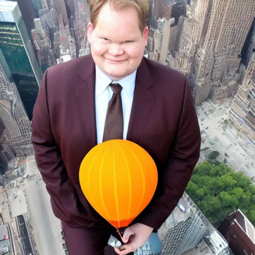 Prompt: Andy Richter wearing a brown suit and necktie floating in a hot air balloon about nyc