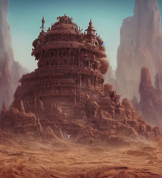 Prompt: an anthropomorphic beautiful futuristic lost temple made of dust in a desert, fine art, award winning, intricate, elegant, sharp focus, octane render, hyperrealistic, cinematic lighting, highly detailed, digital painting, 8 k concept art, art by jamie hewlett and z. w. gu, masterpiece, trending on artstation, 8 k