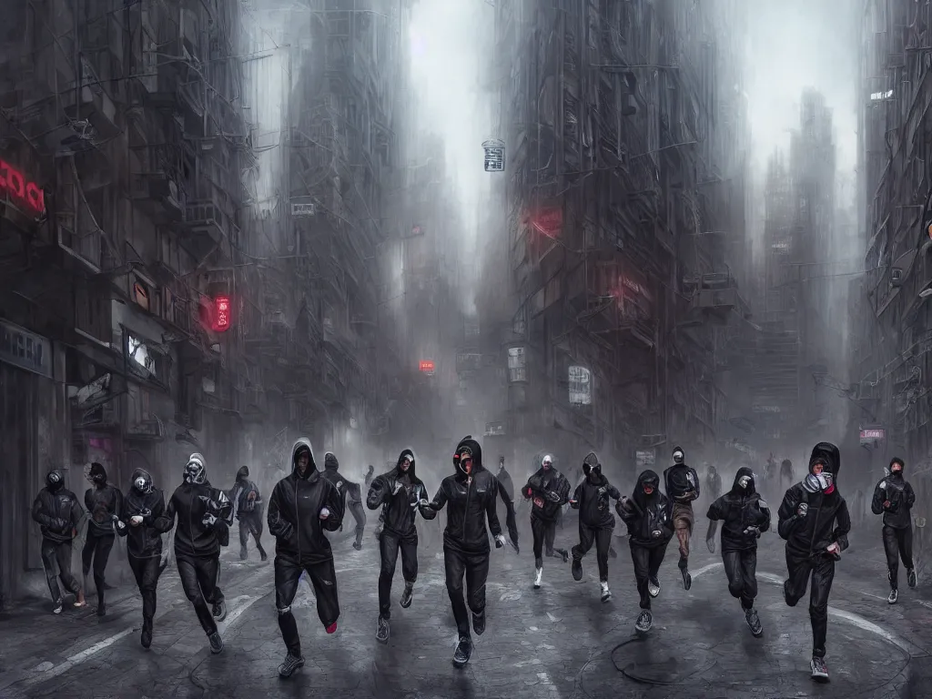 Image similar to a hyperrealistic matte painting of a group of rebellious hackers, clothed in techwear, running through the streets of a dystopian city, matte painting, intricate detail, polished, concept art, trending on artstation
