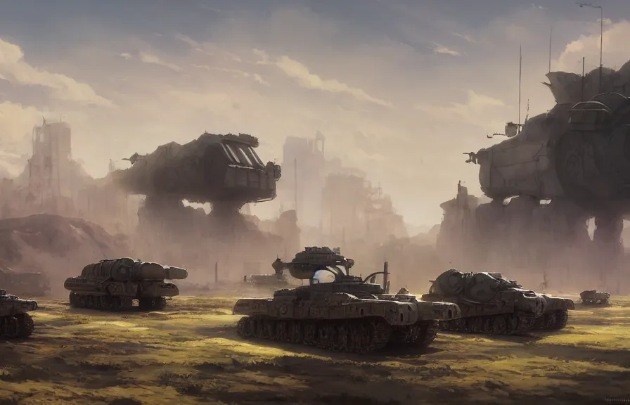 Prompt: concept art of a dusty field with ruined dieselpunk orcish tanks in the background, bomb craters, smoke, key visual, ambient lighting, highly detailed, digital painting, artstation, concept art, sharp focus, by makoto shinkai and akihiko yoshida and hidari and wlop