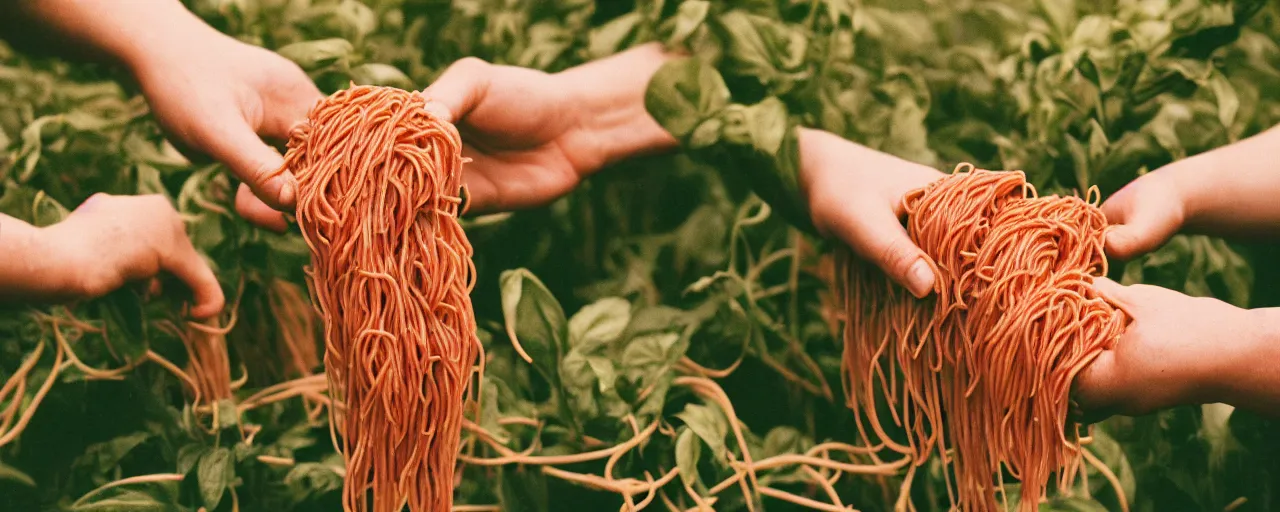 Image similar to medium shot of hands harvesting spaghetti that's growing on a plant, on a farm, canon 5 0 mm, cinematic lighting, photography, retro, film, kodachrome