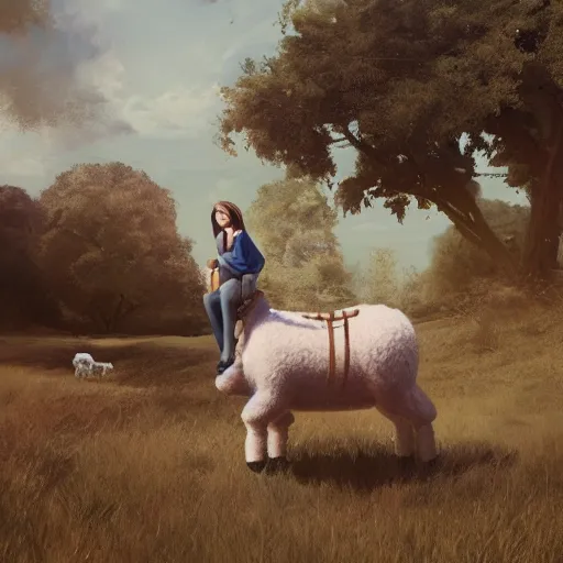 Image similar to girl riding a giant sheep at the farm, trending on artstation