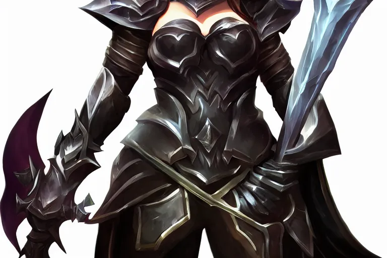 Image similar to A heroine wearing black armor, she is holding a black sword, League of legends splash art