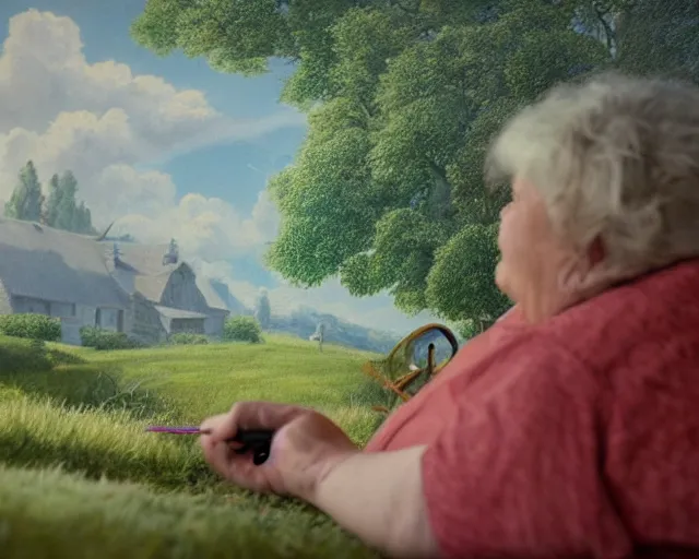 Image similar to of a very beautiful scene. ambient occlusion render. a sweet fat old woman is painting a pastoral landscape on the wall. hyper realistic. 4 k. wide angle. wild. symmetrical face, red mouth, blue eyes. deep focus, lovely scene. ambient occlusion render. concept art. unreal engine.