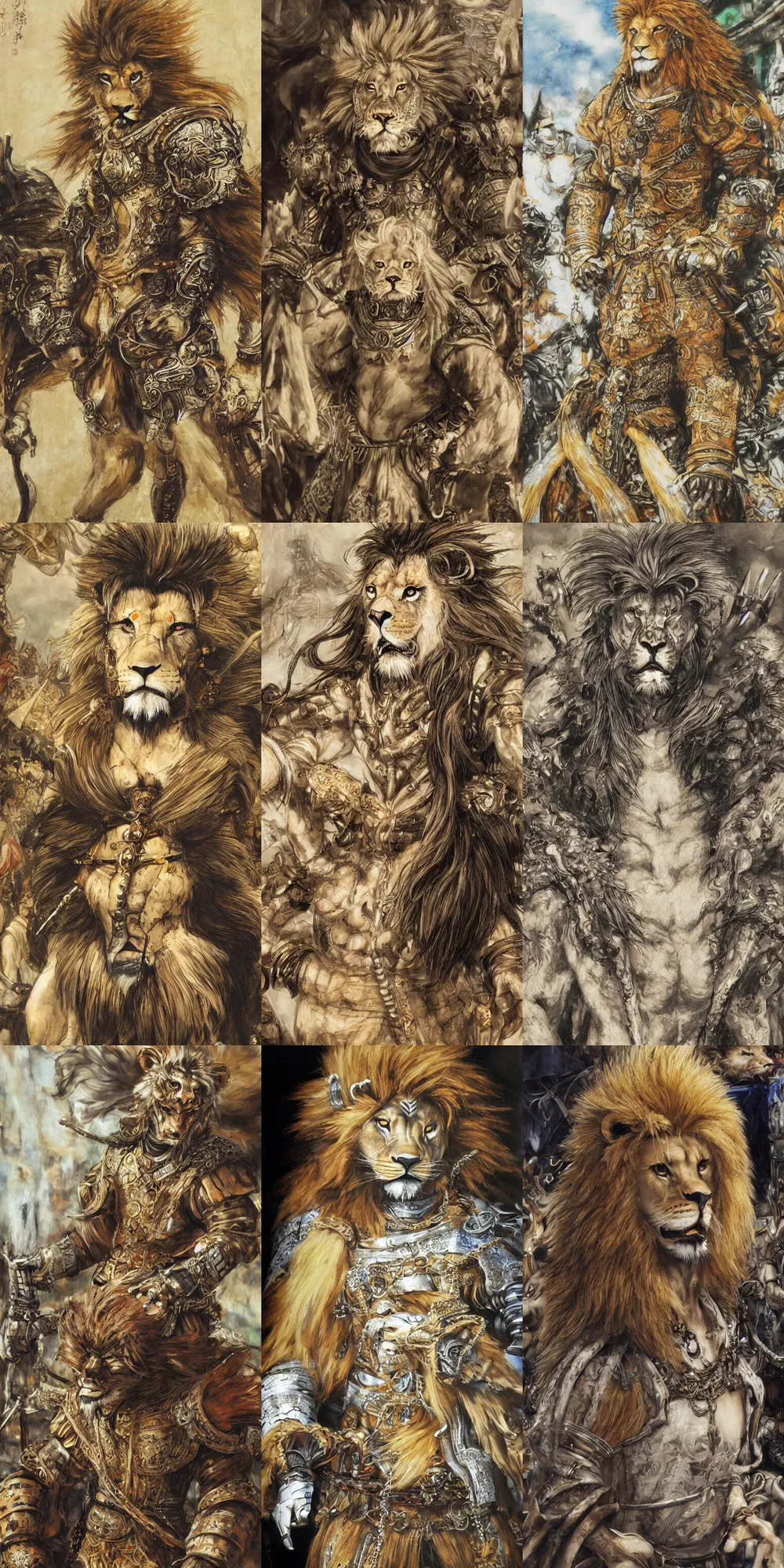 Image similar to 8 k yoshitaka amano painting of upper body of a young cool looking lion beastman with white mane at a medieval market at windy day. depth of field. he is wearing complex fantasy clothing. he has huge paws. renaissance style lighting.