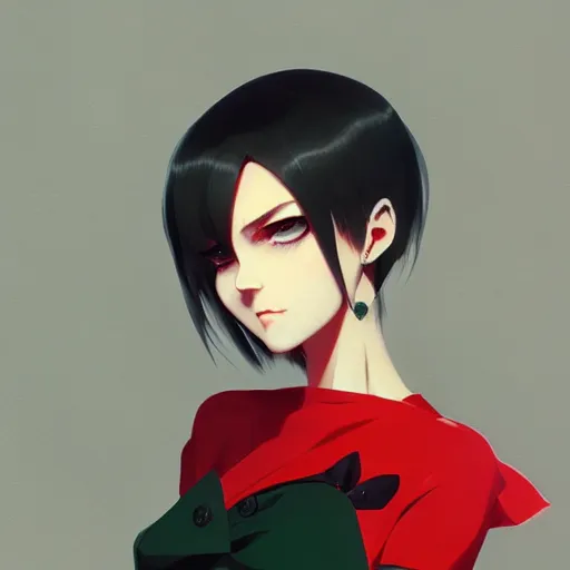 Prompt: elegent girl with grey hair and green eyes, wearing a red and black color dress, in the style of and ilya kuvshinov and greg rutkowski, high quality anime artstyle, intricate
