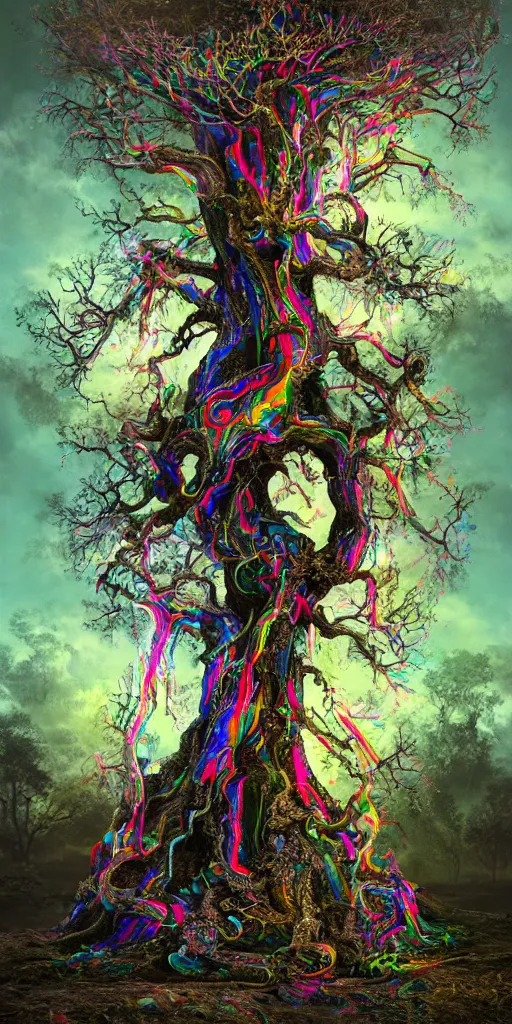 Prompt: impossibly beautiful tree of sacred knowledge, bad trip, insane smile, intricate complexity, surreal horror, inverted neon rainbow drip paint, trending on art station, photoreal, 8 k, octane render by greg rutkowski, and salvador dali