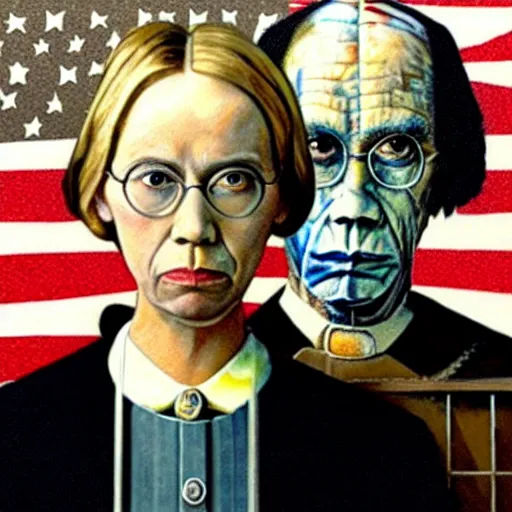 Prompt: American Gothic, with Doctor Who and the TARDIS, by MARVEL comics and Sandra Chevrier, 8k