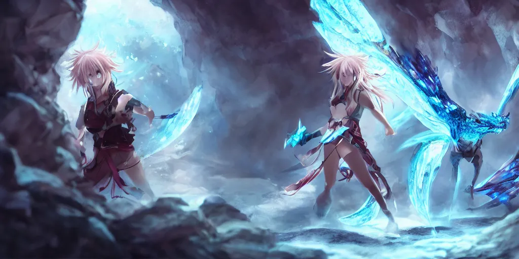 Prompt: fight scene of a beautiful anime girl fighting an ice dragon inside a cave with magic, fantasy, Digital 2D, highly detailed, sharp focus, smooth, cinematic, artstation, art by JunYoung Shin