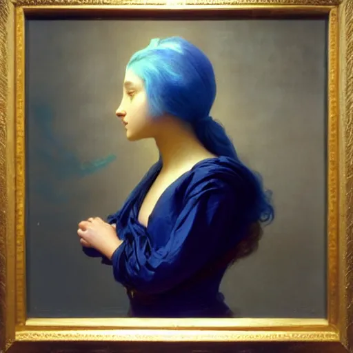 Prompt: a young woman's face, her hair is gold and she wears an cobalt blue satin cloak, by ivan aivazovsky and syd mead and moebius and gaston bussiere and roger dean and pieter claesz and paul delaroche and alma tadema and aelbert cuyp and willem claesz, hyperrealistic, volumetric light, octane render