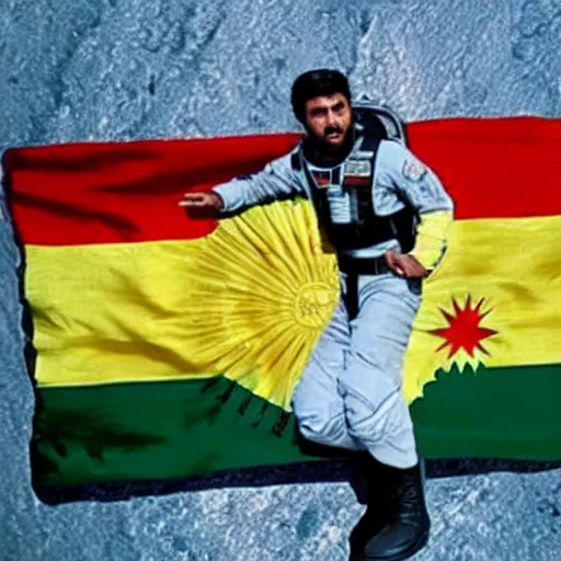 Image similar to kurdish astronaut holding a iraqi kurdistan flag in a movie directed by christopher nolan, movie still frame, promotional image, imax 7 0 mm footage