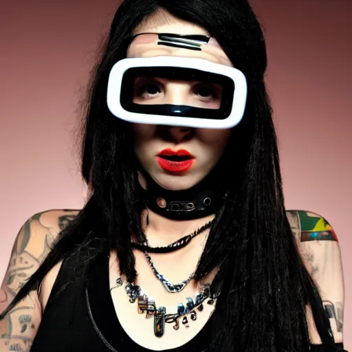 Image similar to cybergoth girl wearing goggles and eccentric jewelry by julie hewlett, - h 7 6 8