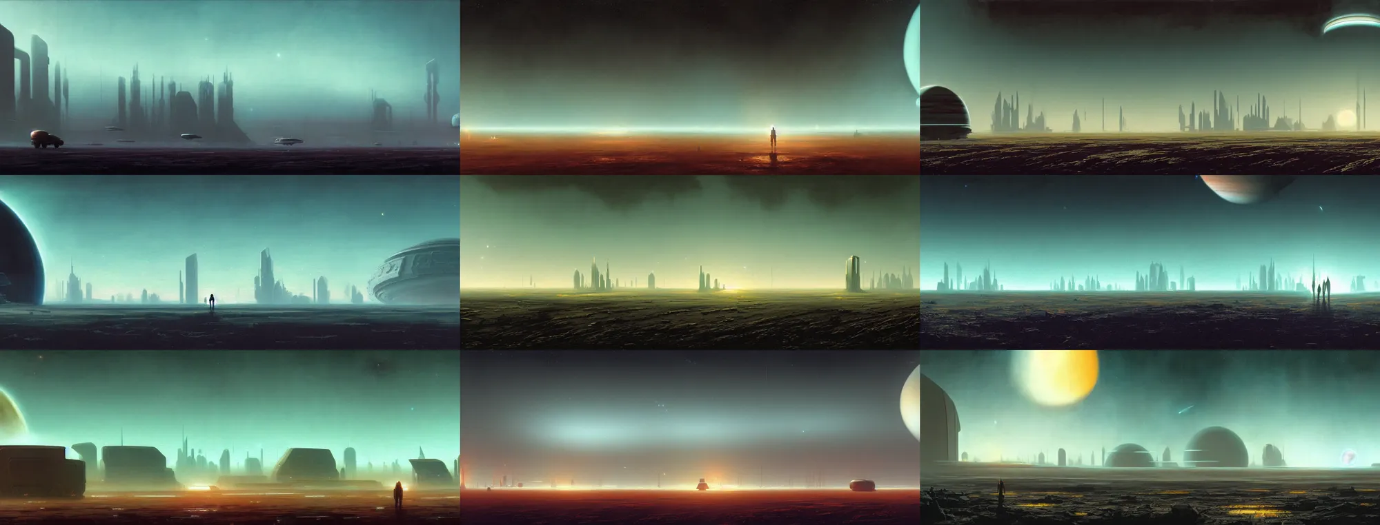 Prompt: a gorgeous bleak and desolate sci - fi painting by john harris, sparth and greg rutkowski. tiffany blue, grey orange, white and golden. space base, beyond the horizon, future city skyline!! light effect. huge saturn. ultra clear detailed. 3 d, octane render. 8 k