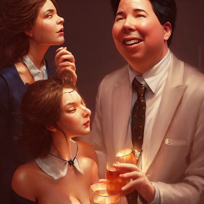 Image similar to michael mcintyre flirting with a singing waitress, elegant, real life skin, intricate artwork, high detailed, artstation, concept art, smooth, sharp focus, art by artgerm and greg rutkowski