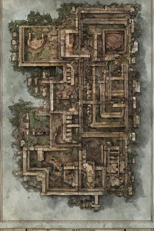 Image similar to full - color fantasy floor plan map of a ruined temple, by greg rutkowski and james gurney, trending on artstation