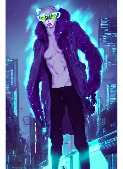 Prompt: award winning beautiful portrait commission of a male furry anthro albino mountain lion fursona with a tail and a cute beautiful attractive detailed furry face wearing stylish cyberpunk clothes in a cyberpunk city at night while it rains. Purple and Yellow neon light. Character design by charlie bowater, ross tran, artgerm, and makoto shinkai, detailed, inked, western comic book art