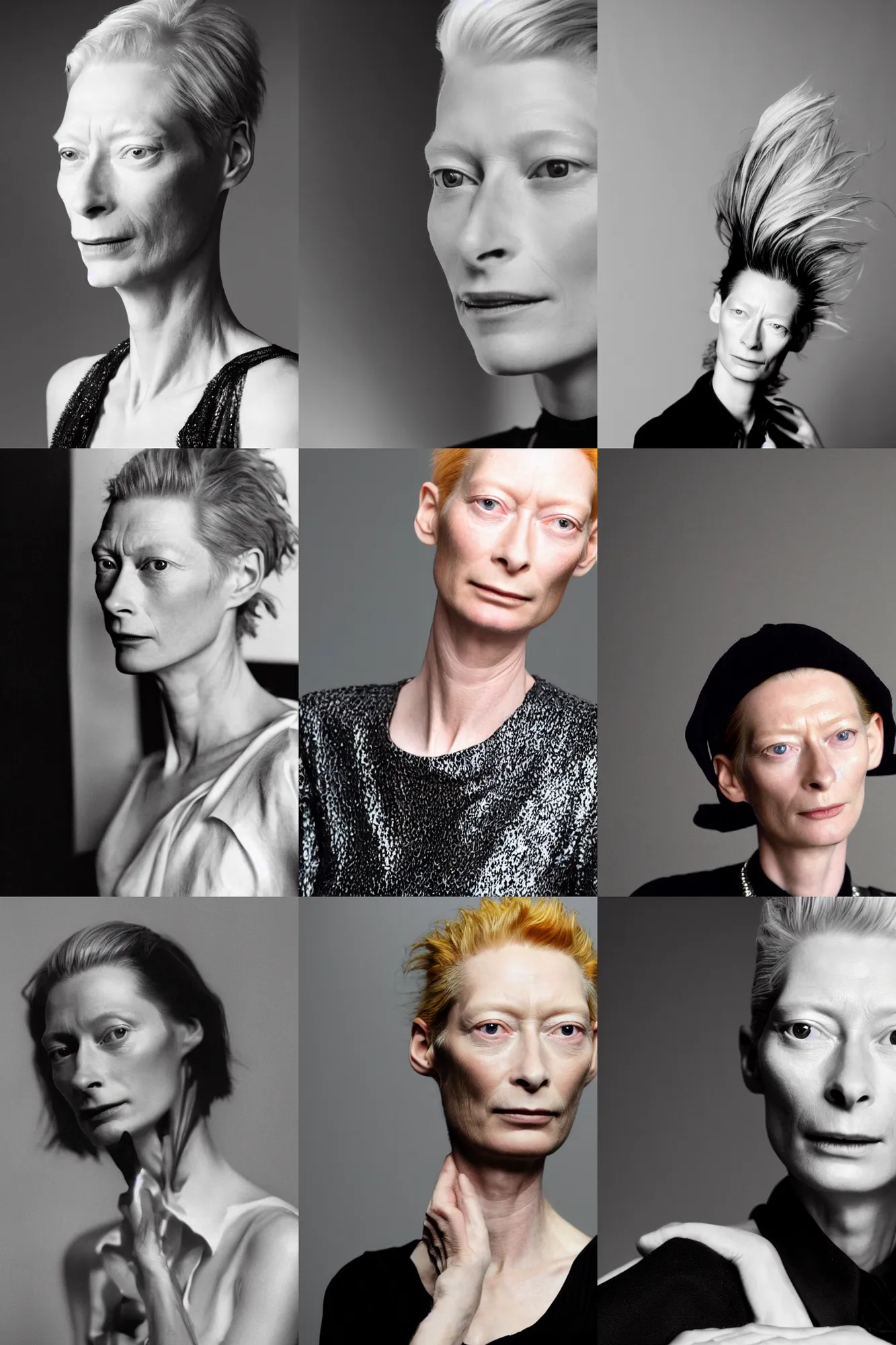 Prompt: the close - up portrait photo of young tilda swinton weared in black dress in studio