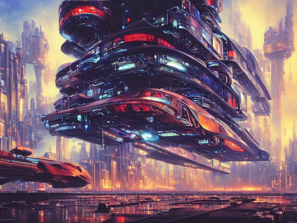 Prompt: hyperrealistic painting of a slice of life from a futuristic city, mechanical designs, futuristic vehicles, technological, cinematic, large ship, computational, cyberpunk style, highly detailed, realism, intricate, acrylic on canvas, 8 k resolution, concept art, by noriyoshi ohrai, paul lehr