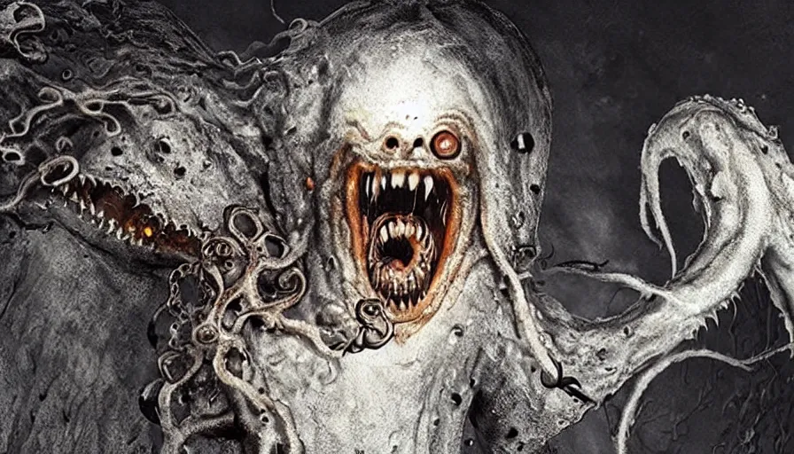 Prompt: big budget horror movie about a giant amoeba with sharp fangs and tentacles, attacking the biochemist that created it