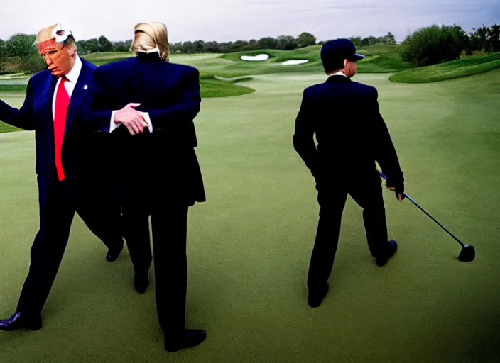 Prompt: Donald Trump with hands behind back taken away by two young FBI agents wearing uniforms at golf course, photo by Alex Webb, photo by James Nachtwey