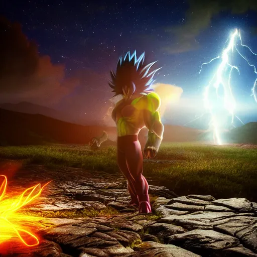 Image similar to photorealistic full shot of Broly at moonlight, lightning bolt, apocalyptic background, by Akira Toriyama, high detail, unreal engine 4k volumetric light, fog,