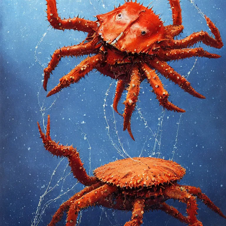 Image similar to Hyperrealistic intensely colored Studio wet collodion Photograph portrait of a deep sea Giant spiked Crab with very long! spindly spiked legs and big claws deep underwater in darkness long exposure, award-winning nature deep sea expressionistic impasto heavy brushstrokes oil painting by Fabian Marcaccio and Norman Rockwell and Audubon vivid colors hyperrealism 8k