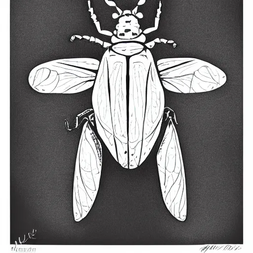 Prompt: horned beetle, black and white, botanical illustration, black ink on white paper, bold lines