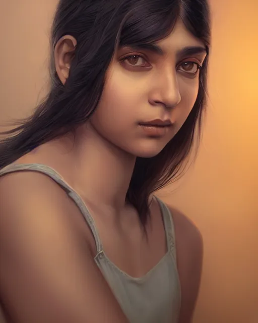 Image similar to a highly realistic, true to life portrait of a young indian woman, sharp focus, by ilya kuvshinov, by wlop, by tom bagshaw, trending on artstation, cinematic lighting, hyper realism, octane render, 8 k, hyper detailed.