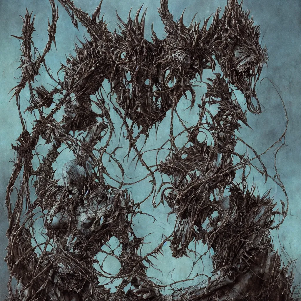 Image similar to A creepy armored horned fanged demon woman with blue scarred skin wrapped in barbed wire. Extremely high detail, realistic, fantasy art, solo, bones, ornate, textured, cgsociety masterpiece, saturated colors, tricate omnious visionary concept art tangled, ripped flesh, art by Zdzisław Beksiński, Arthur Rackham, Dariusz Zawadzki