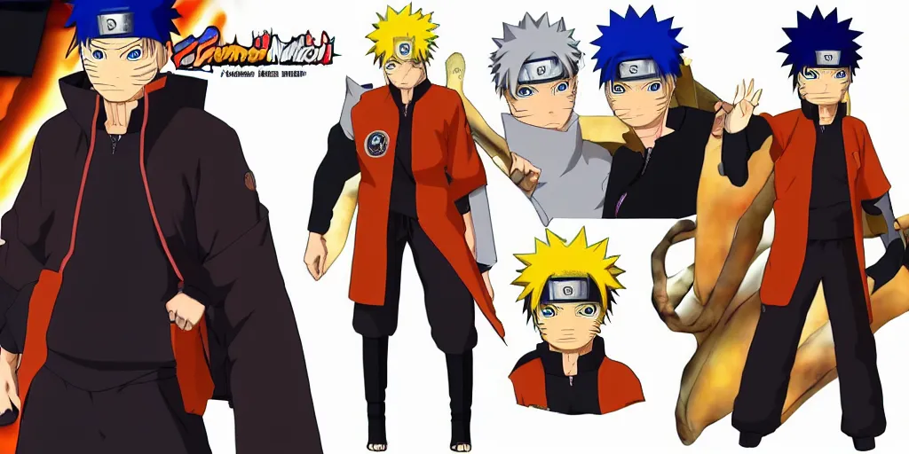 Image similar to Fusion of Naruto Uzumaki from the anime Naruto and Dante from the game Devil May Cry, character design sheet