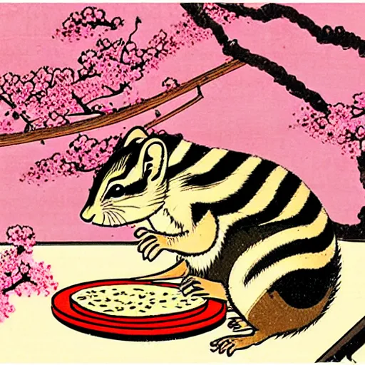 Prompt: japanese edo period woodblock print of a chipmunk eating pizza with pink blossoming cherry trees in the background, art by greg rutkowski and yoji shinkawa and akira toriyama