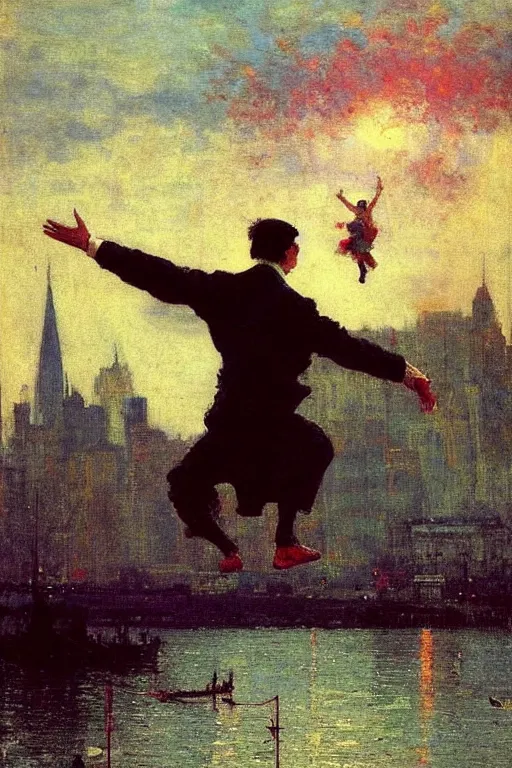 Image similar to a young man flying through new york city. his hands stretched to the side. a floating circus in the background. art by ilya repin.
