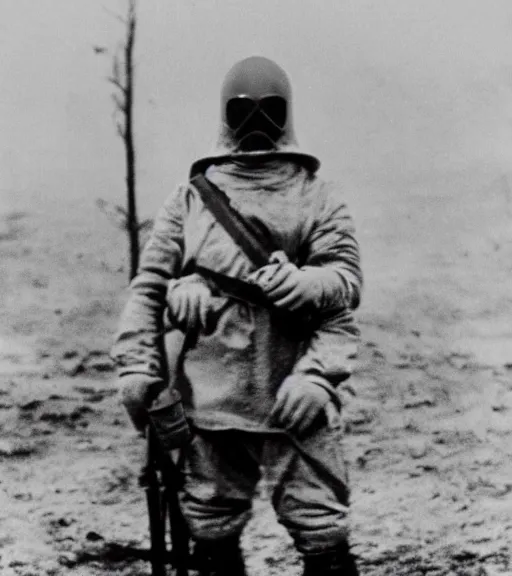 Image similar to man in a anti-radiation hazmat suit, ww1 film photo, grainy, high detail, high resolution